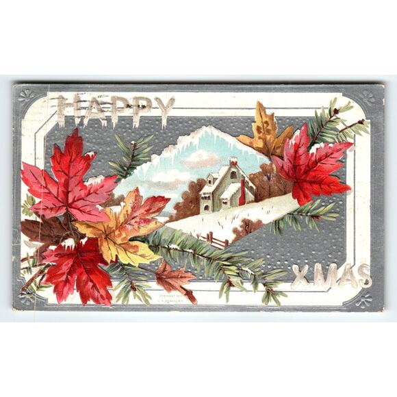 Vintage 1910 Embossed Christmas Postcard Winter Cabin & Autumn Leaves - Picture 1 of 2